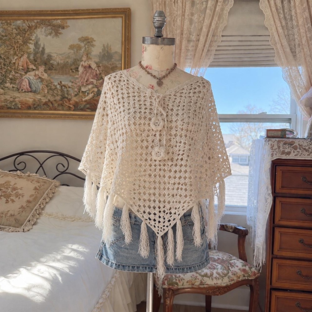 Crochet Fringe Poncho Y2K cream crochet poncho top open knit design